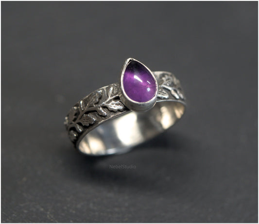 Anillo Hojas de Roble plata Edición Amatista