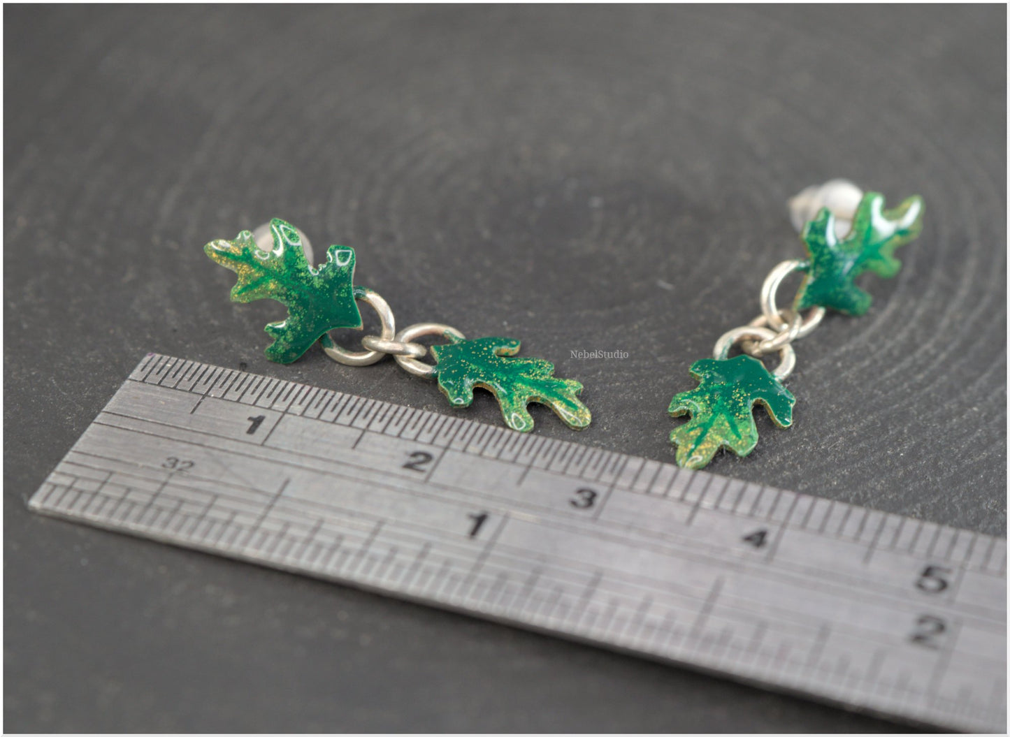 Green Oak leaf mini earrings enamel