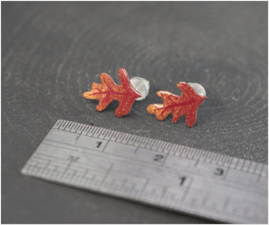 Pendientes Hoja de Roble Rojo Esmaltado Mini