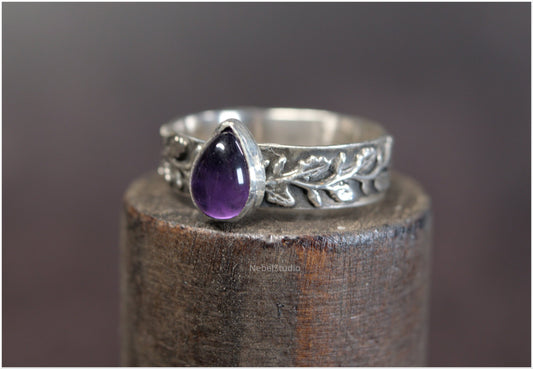 Anillo Hojas de Roble plata Edición Amatista