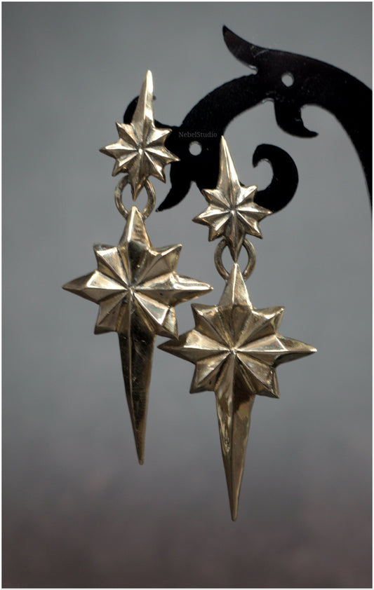 Pendientes estrellas dobles Ad Astra tamaño grande plata o bronce