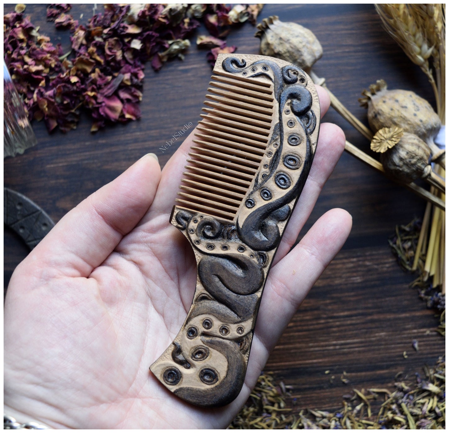 Tentacular wood hair comb small size