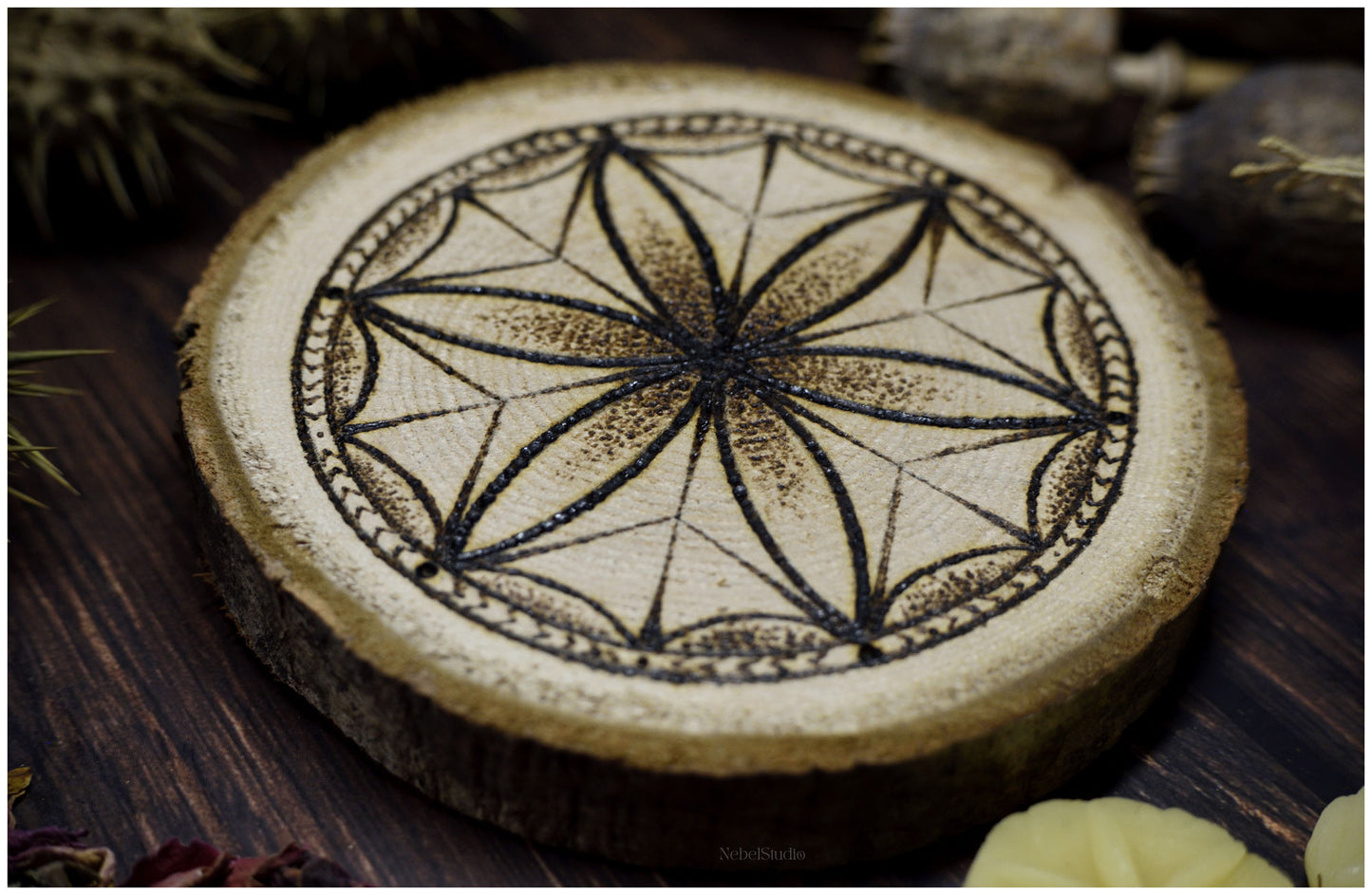Hexafoil Web pyrographed wood