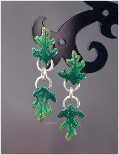 Green Oak leaf mini earrings enamel