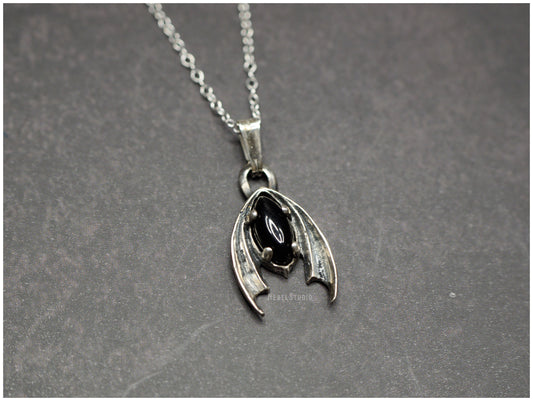 Pendant Bat! Silver with marquise onyx
