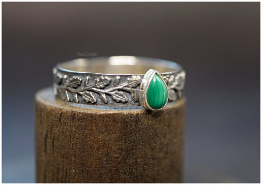 Oak Leaves ring in silver Special Edition Malachite