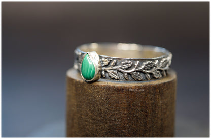 Liquidación Anillo Hojas de Roble plata Edición Especial Malaquita