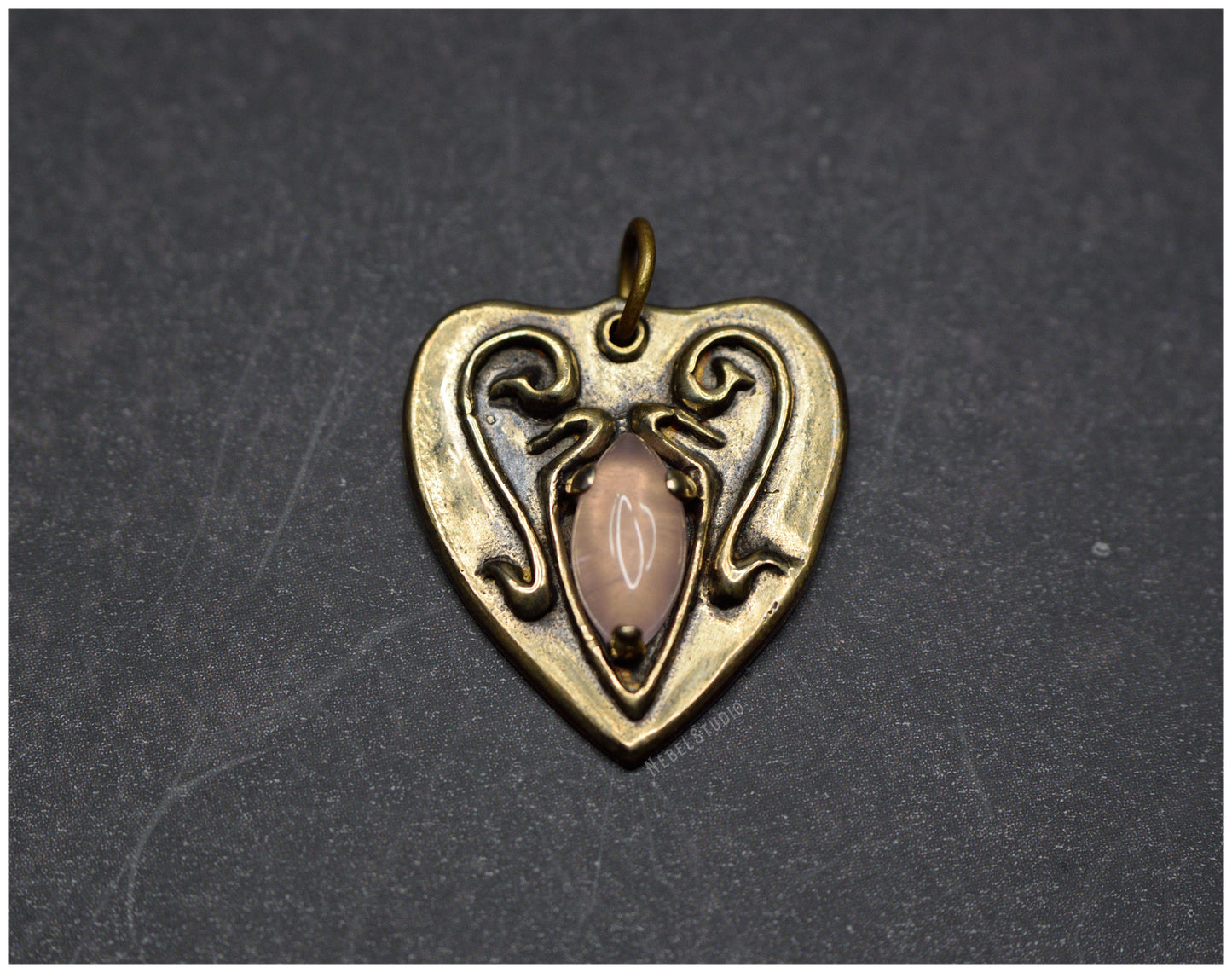 Sale- La Séance bronze pendant with marquise pink chalcedony small size