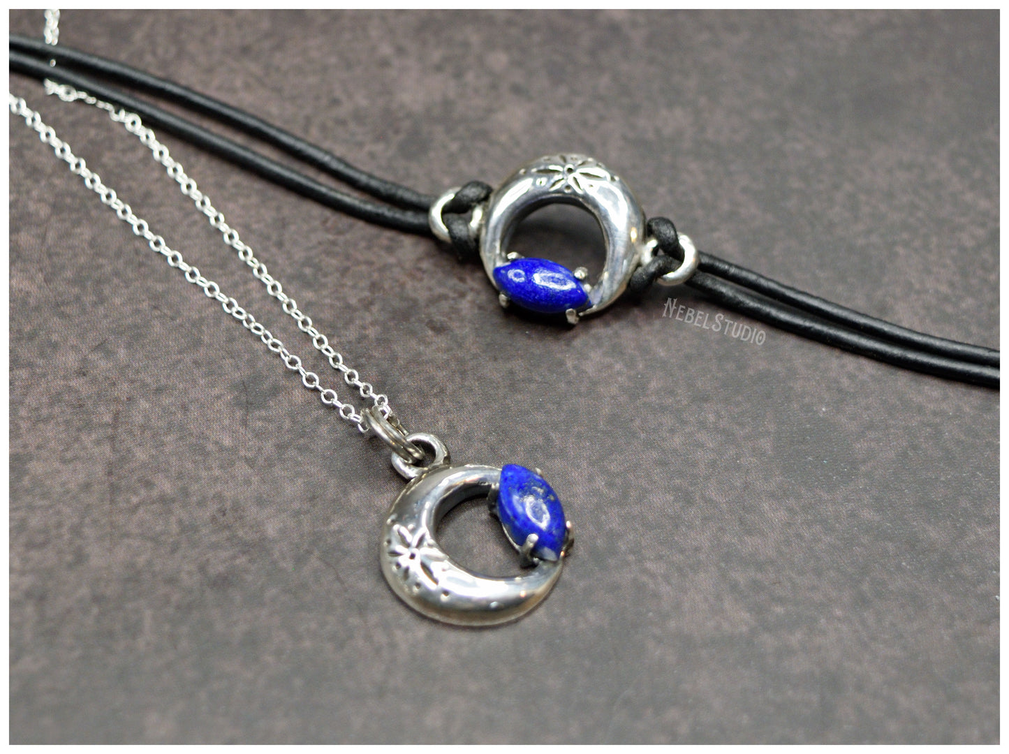 Silver Moon pendant with marquise cut lapis lazuli Limited Edition