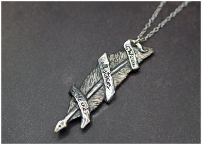 Colgante pluma "We are all stories in the end" plata cadena lado